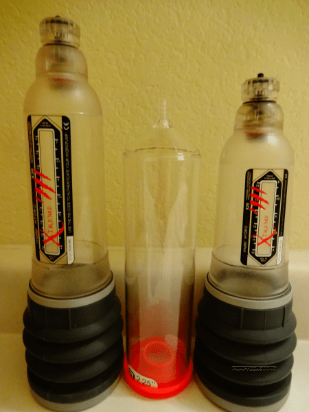 Cheap Leluv penis pump next to Bathmates, X30 (left) and X20 (right)